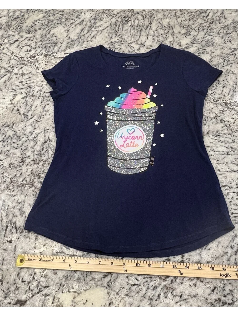 Justice Girls Size 14/16 Navy Sparkly “Unicorn Latte” T-Shirt